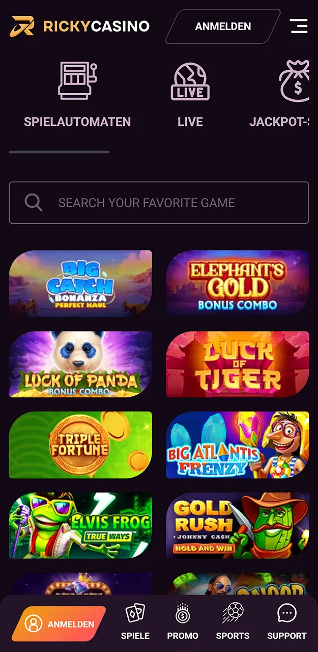 Wählen Sie Ihr Lieblingsspiel in der Ricky Casino App aus.