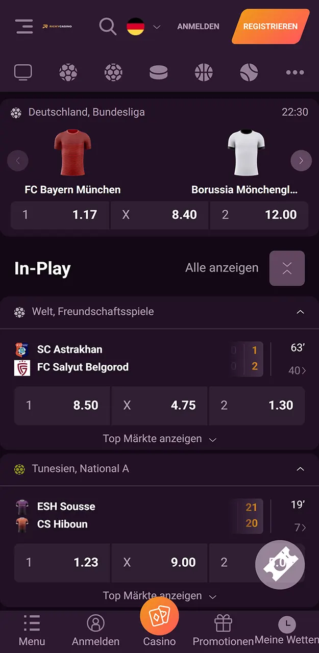 Sehen Sie sich an, welche Sportveranstaltungen in der Ricky Casino-App verfügbar sind.
