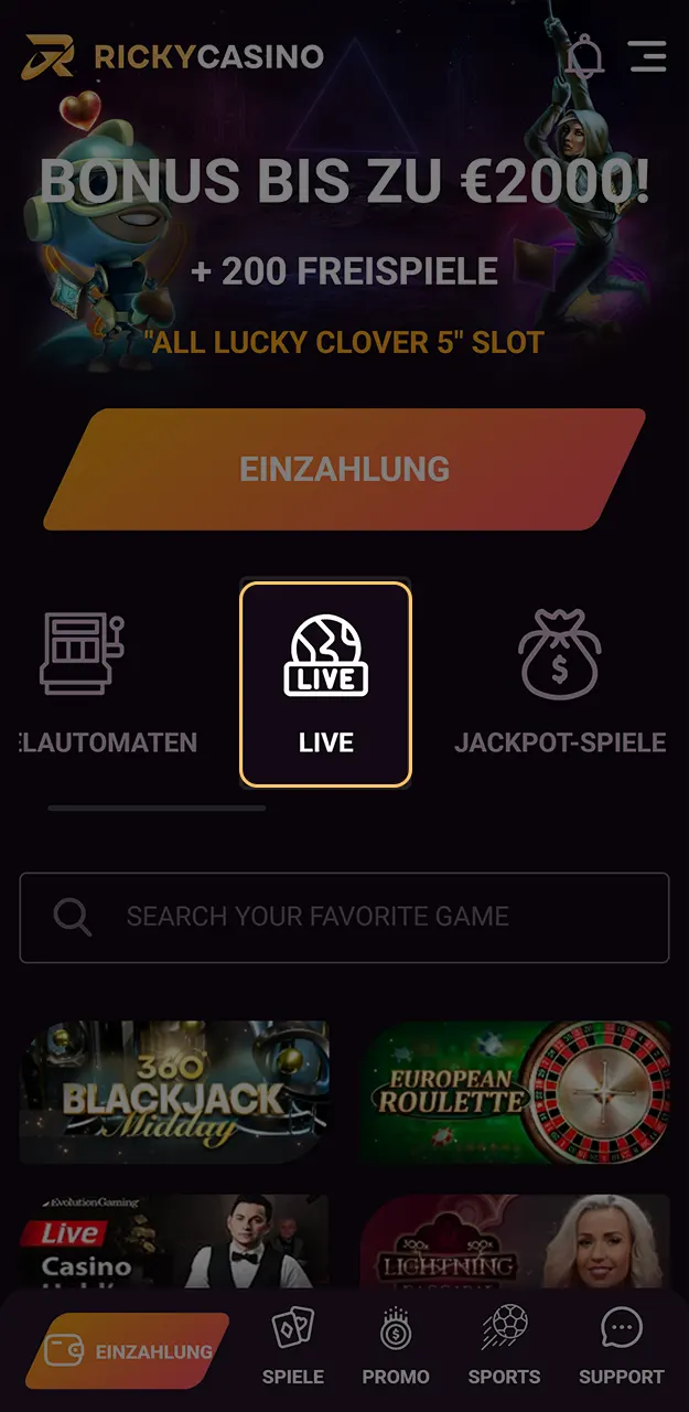 Wählen Sie Ihr Lieblingsspiel im Live-Bereich von Ricky Casino aus.
