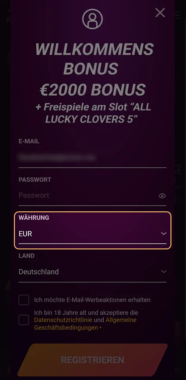 Wählen Sie bei der Registrierung bei Ricky Casino Ihre bevorzugte Währung aus.