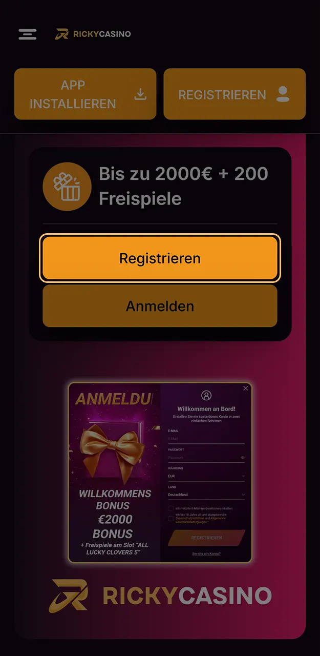 Beginnen Sie mit der Registrierung eines neuen Kontos bei Ricky Casino.