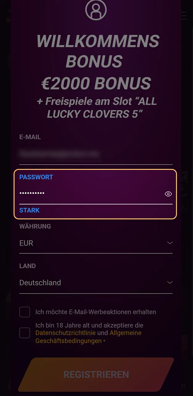 Legen Sie bei der Registrierung ein sicheres Passwort für die Anmeldung bei Ricky Casino fest.