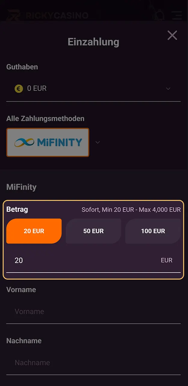 Machen Sie Ihre erste Einzahlung bei Ricky Casino, um den Bonus für Neukunden zu aktivieren.