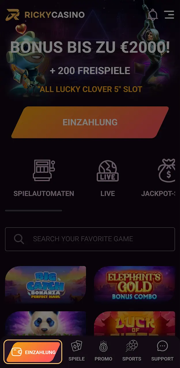 Laden Sie Ihr Ricky Casino Konto auf, um echte Einsätze an den Spielautomaten tätigen zu können.
