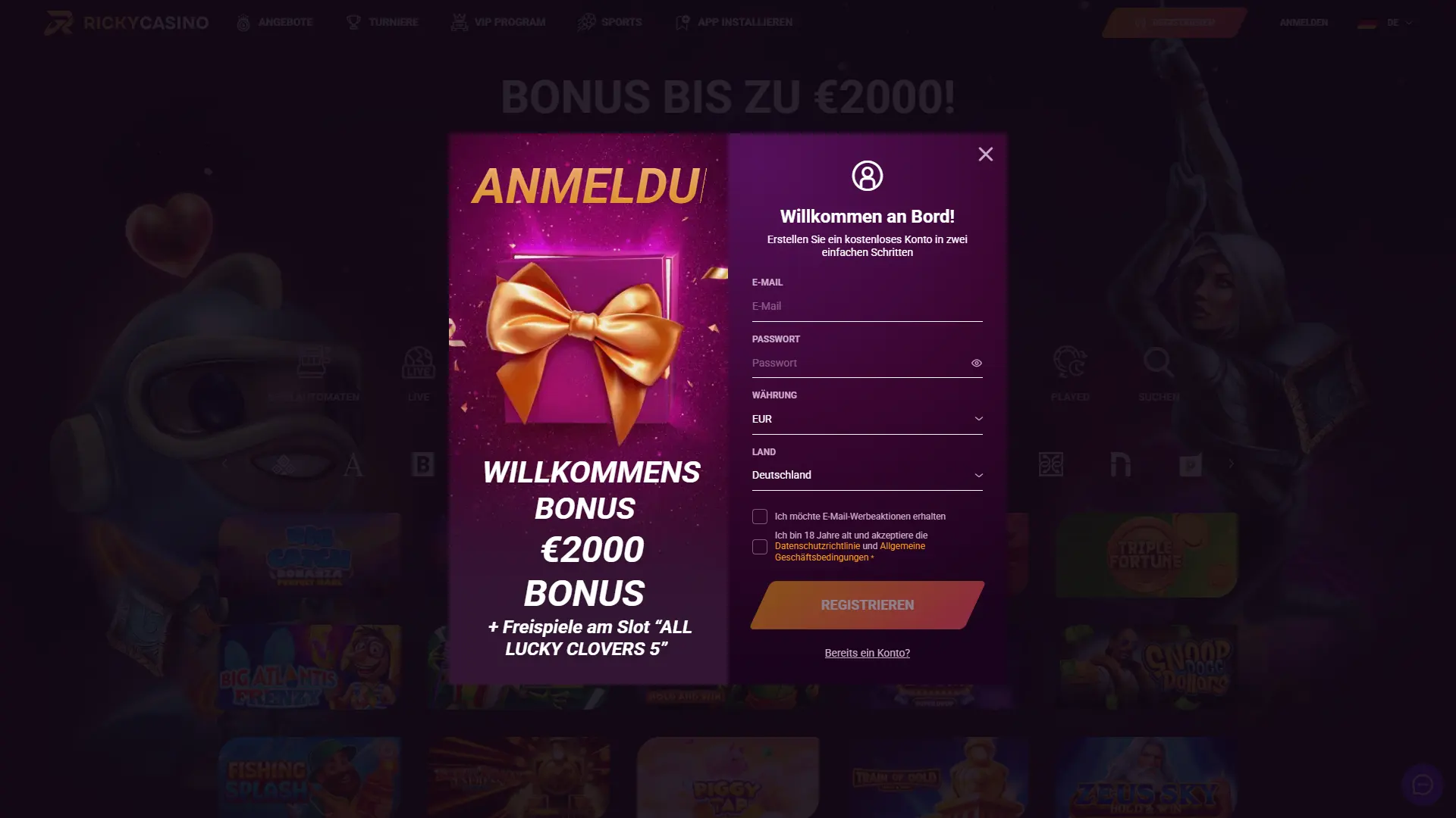 Registrieren Sie sich schnell bei Ricky Casino.