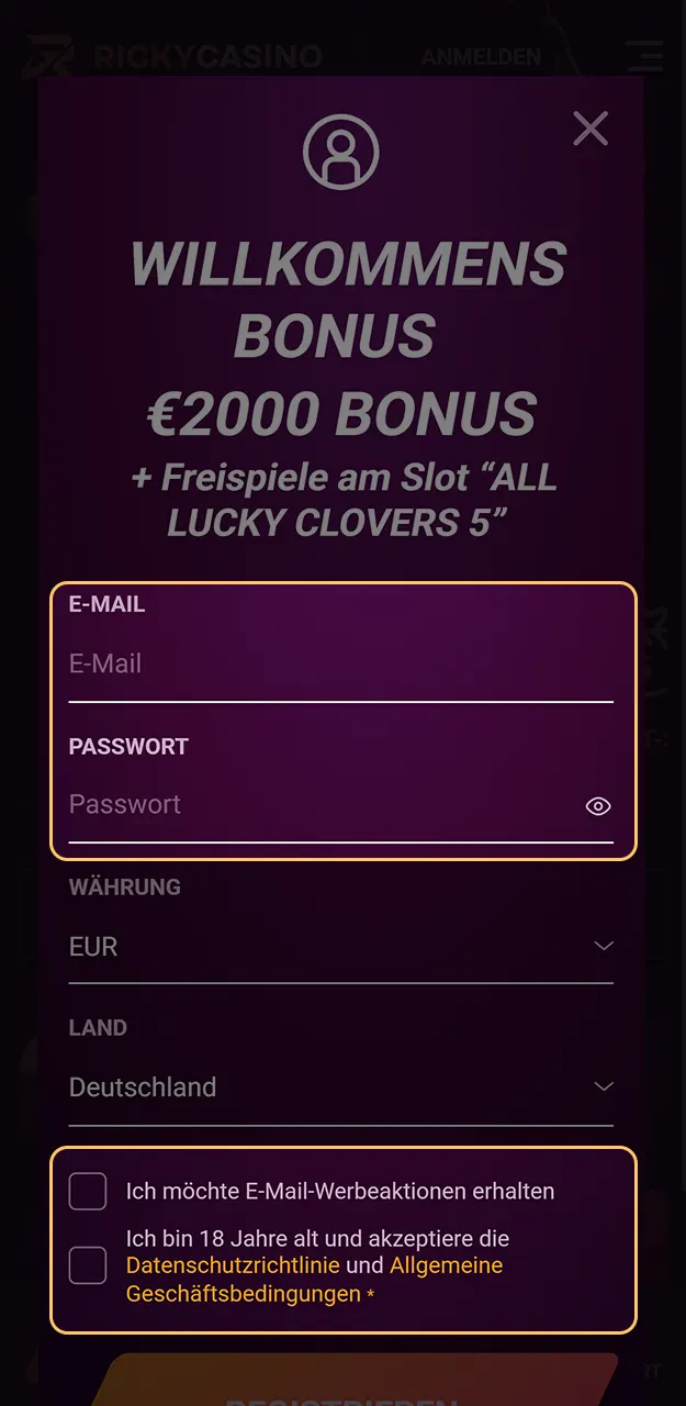 Geben Sie Ihre persönlichen Daten und Kontaktinformationen ein, um Ihr Ricky Casino Profil zu erstellen.