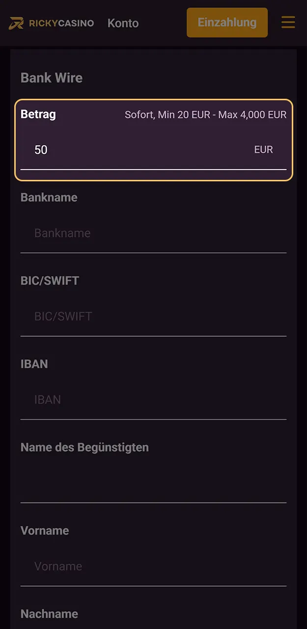 Füllen Sie die erforderlichen Daten aus, um Geld von Ihrem Konto bei Ricky Casino abzuheben.