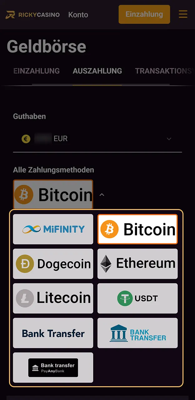 Wählen Sie Ihre bevorzugte Auszahlungsmethode bei Ricky Casino.