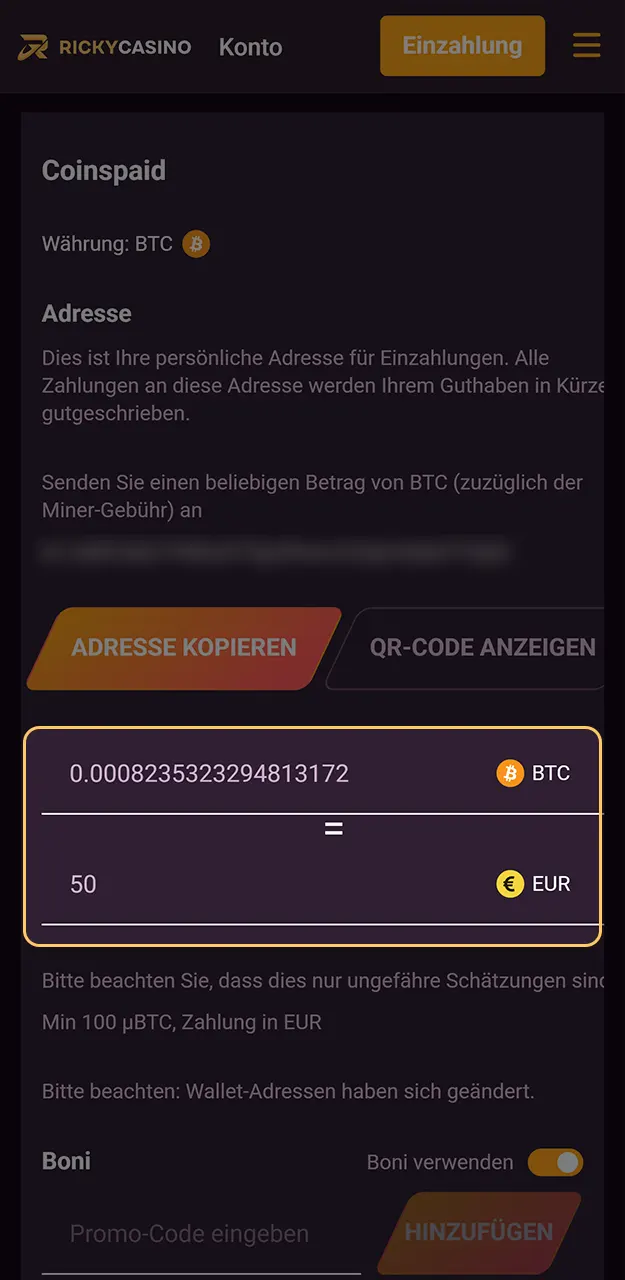 Legen Sie die Höhe Ihrer Einzahlung fest und schließen Sie den Vorgang im Ricky Casino Kassenbereich ab.