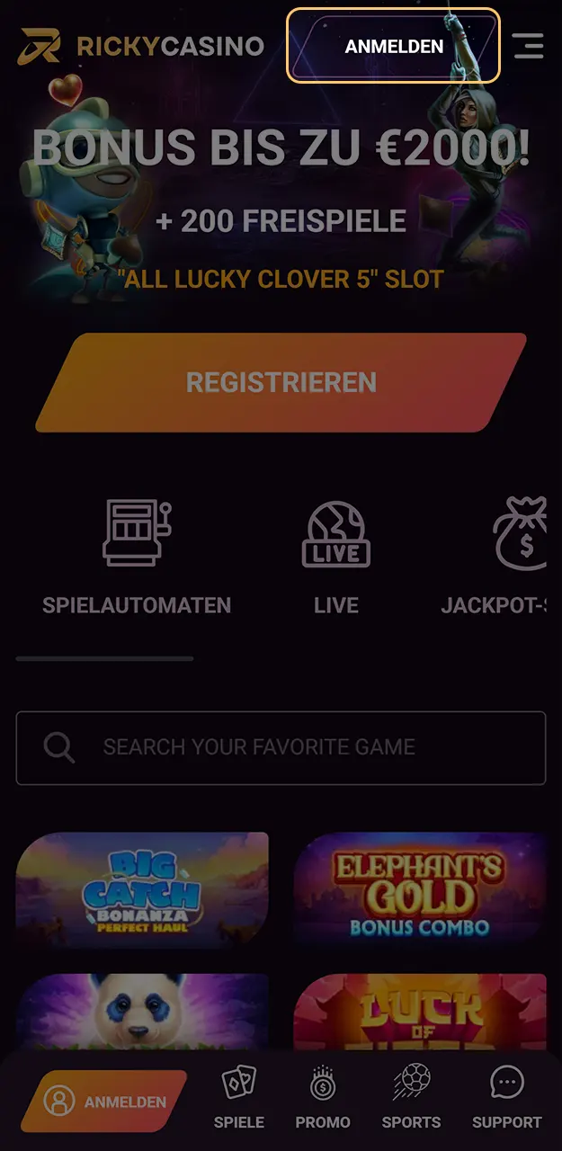 Melden Sie sich bei Ricky Casino an und beginnen Sie mit der Einzahlung auf Ihr Konto.