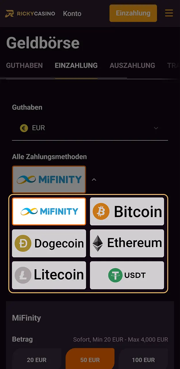 Wählen Sie Ihre bevorzugte Zahlungsmethode bei Ricky Casino aus einer Reihe sicherer Optionen.