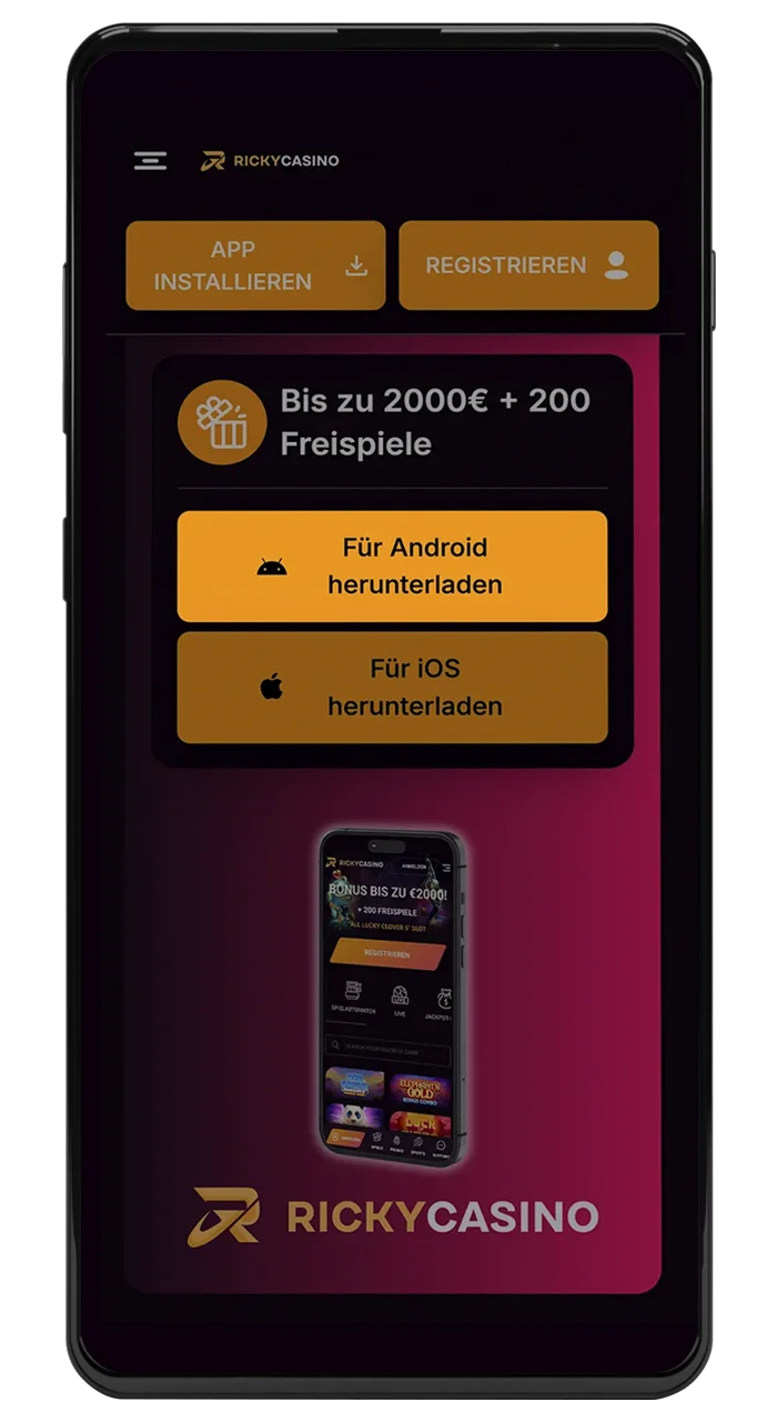 Klicken Sie auf die gelbe Schaltfläche, um die Ricky Casino-App herunterzuladen.