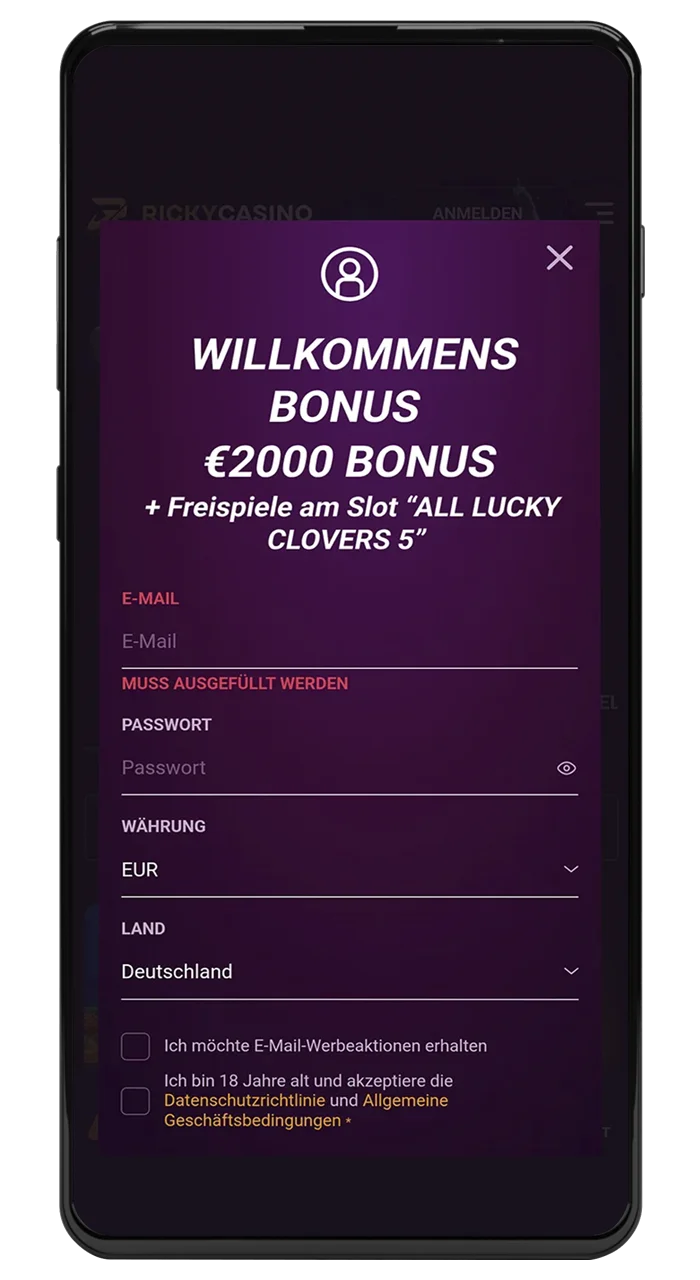 Verwenden Sie Ihre E-Mail-Adresse, um sich auf der Website von Ricky Casino zu registrieren.