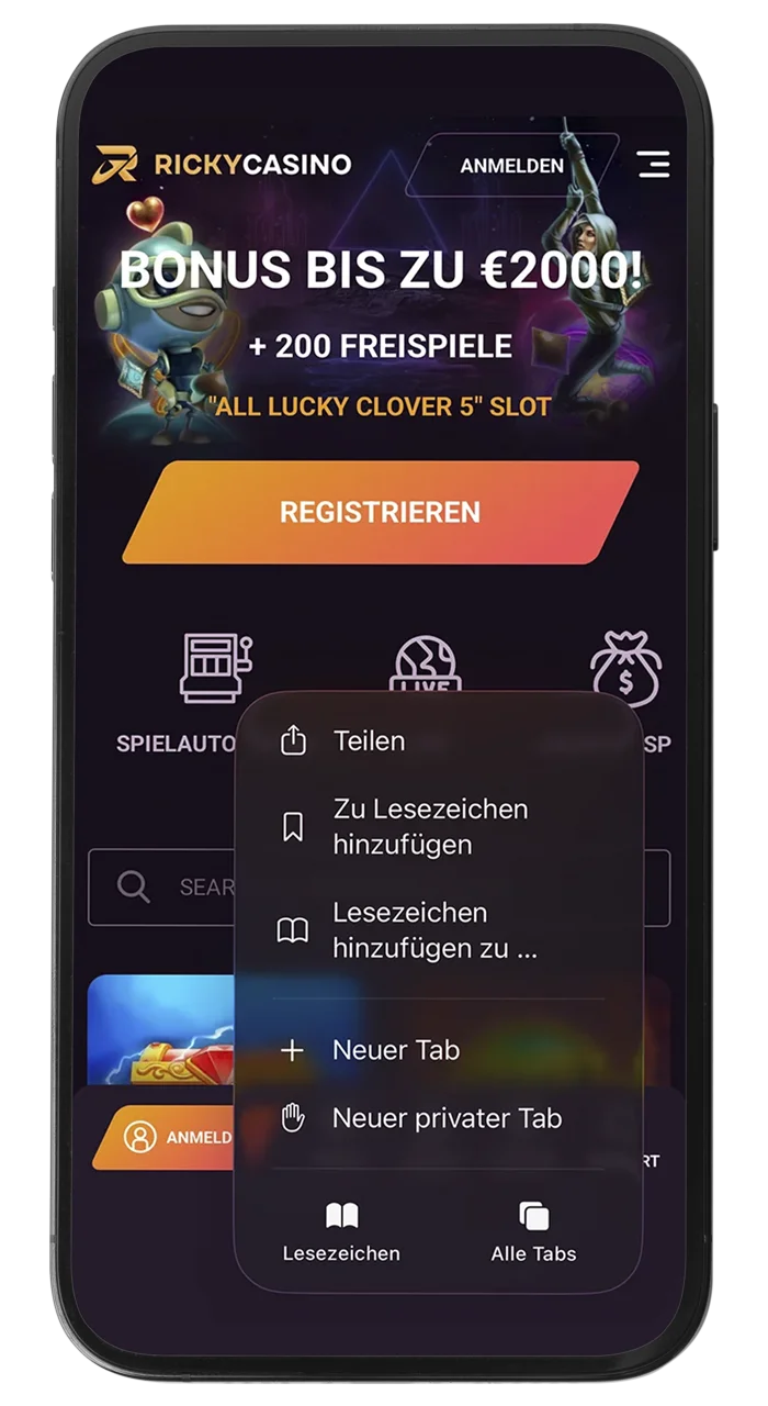 Öffnen Sie das Menü des Safari-Browsers, um die Ricky Casino-App zu installieren.