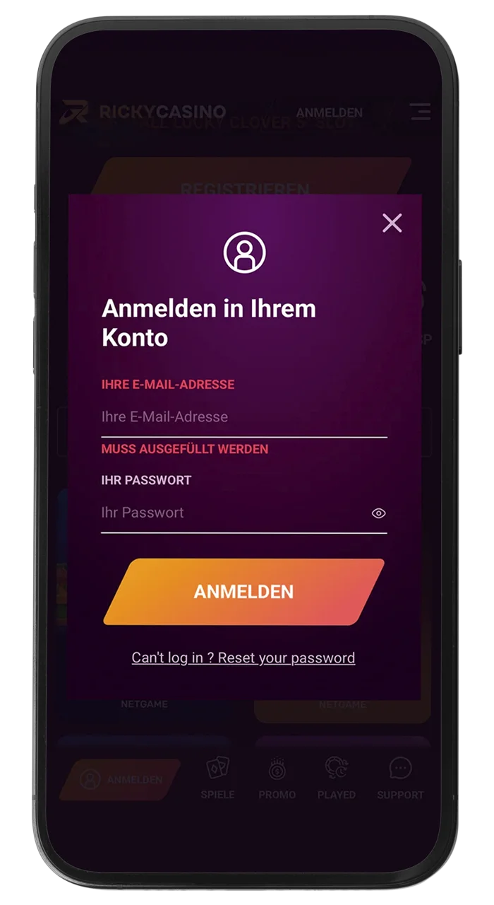 Füllen Sie das Anmeldeformular auf der Website von Ricky Casino aus.