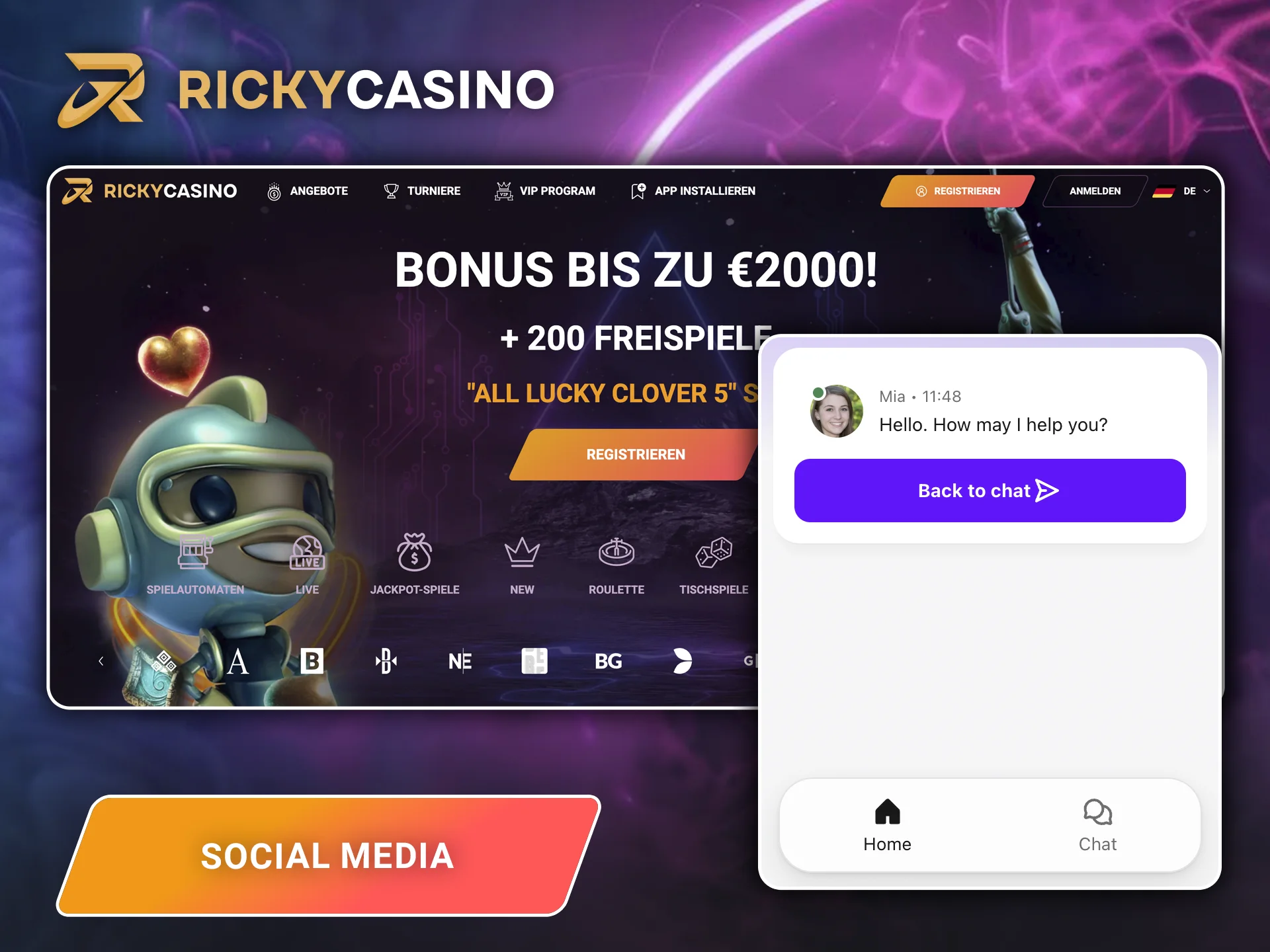 Wenden Sie sich über die sozialen Medien an den Kundendienst von Ricky Casino.