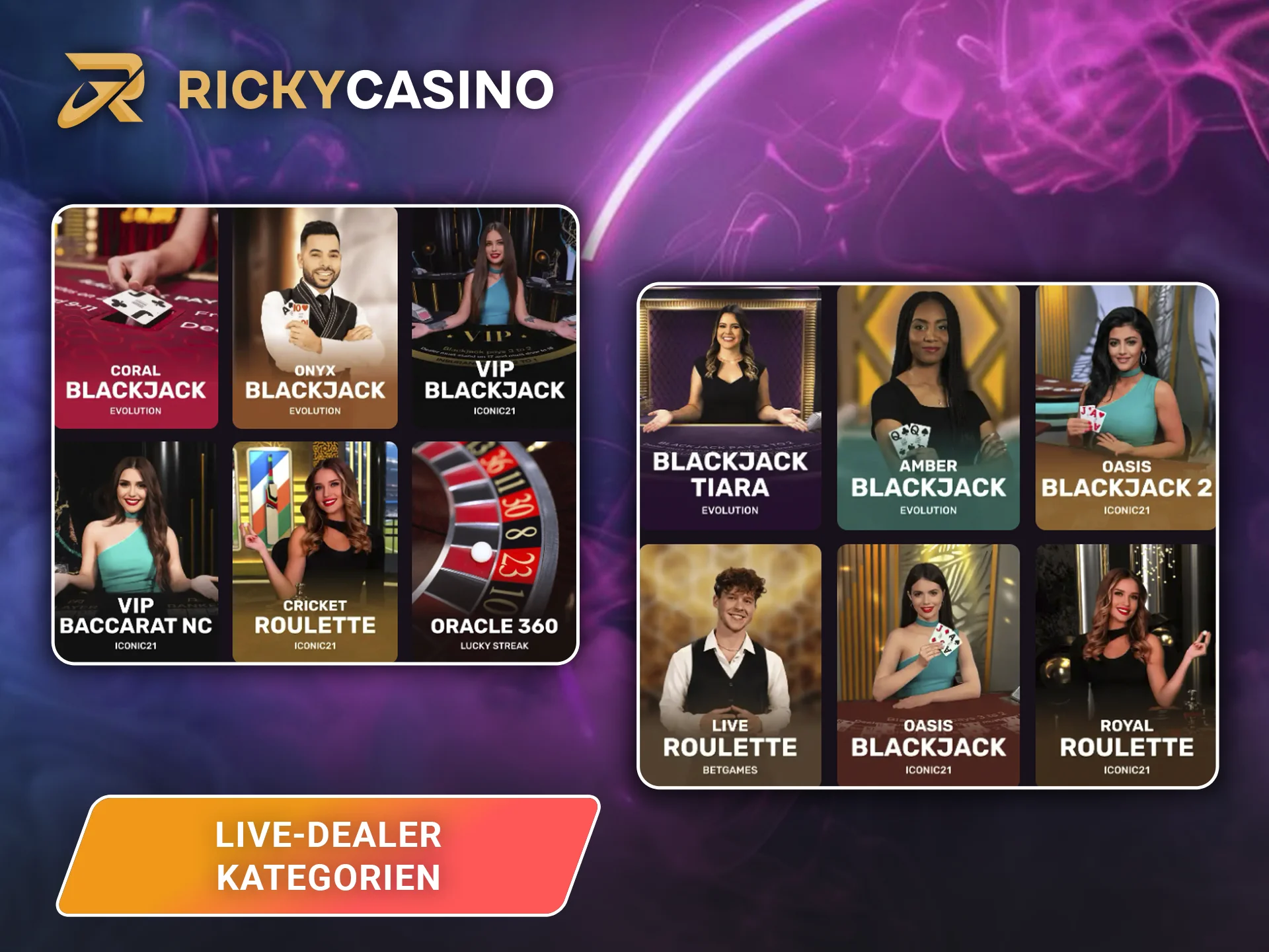 Entdecken Sie alle verfügbaren Spielvarianten im Live-Casino-Bereich auf der Website von Ricky Casino.