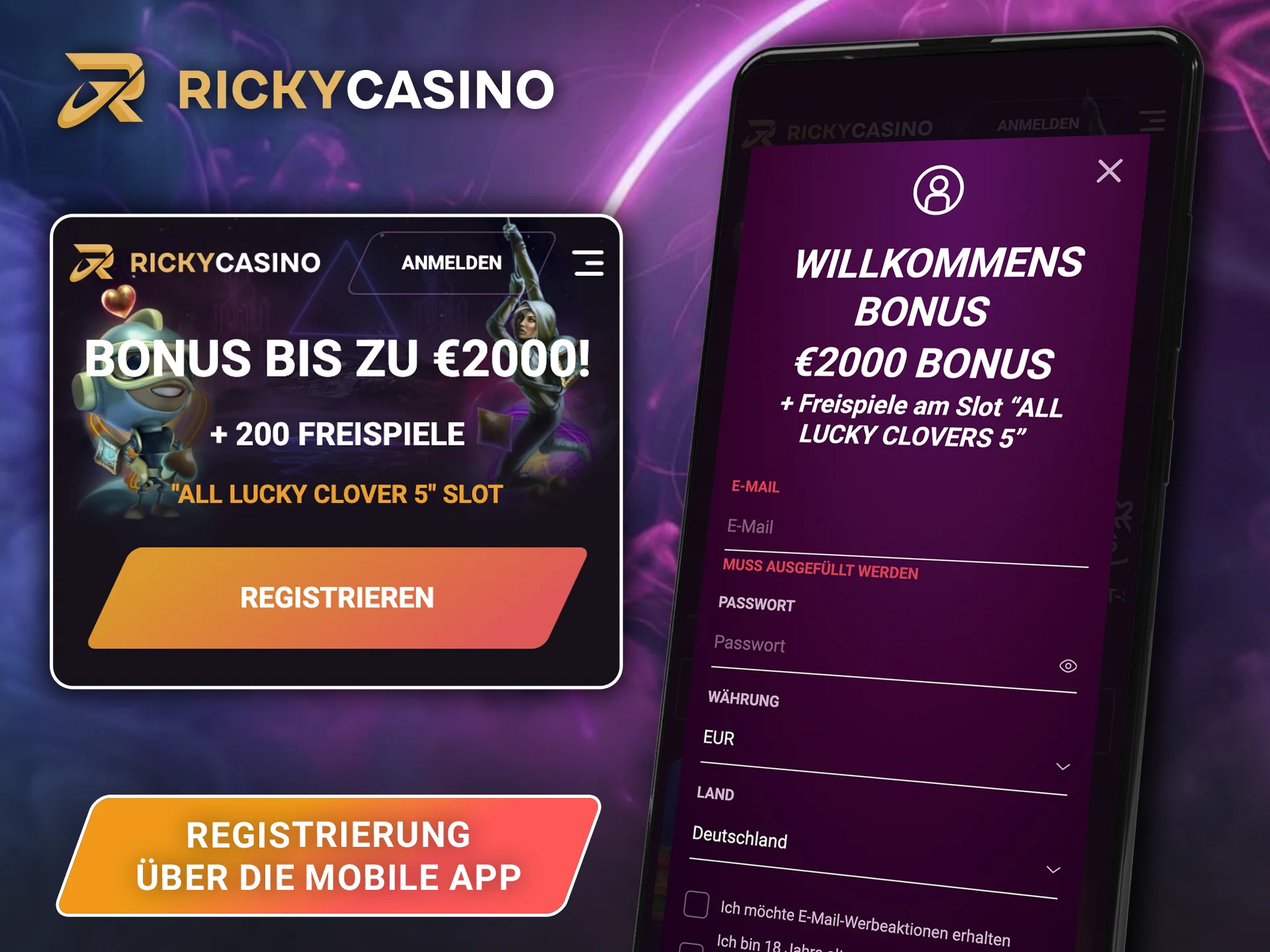 Sie benötigen nur wenige Klicks, um ein Konto auf der Website von Ricky Casino zu registrieren.