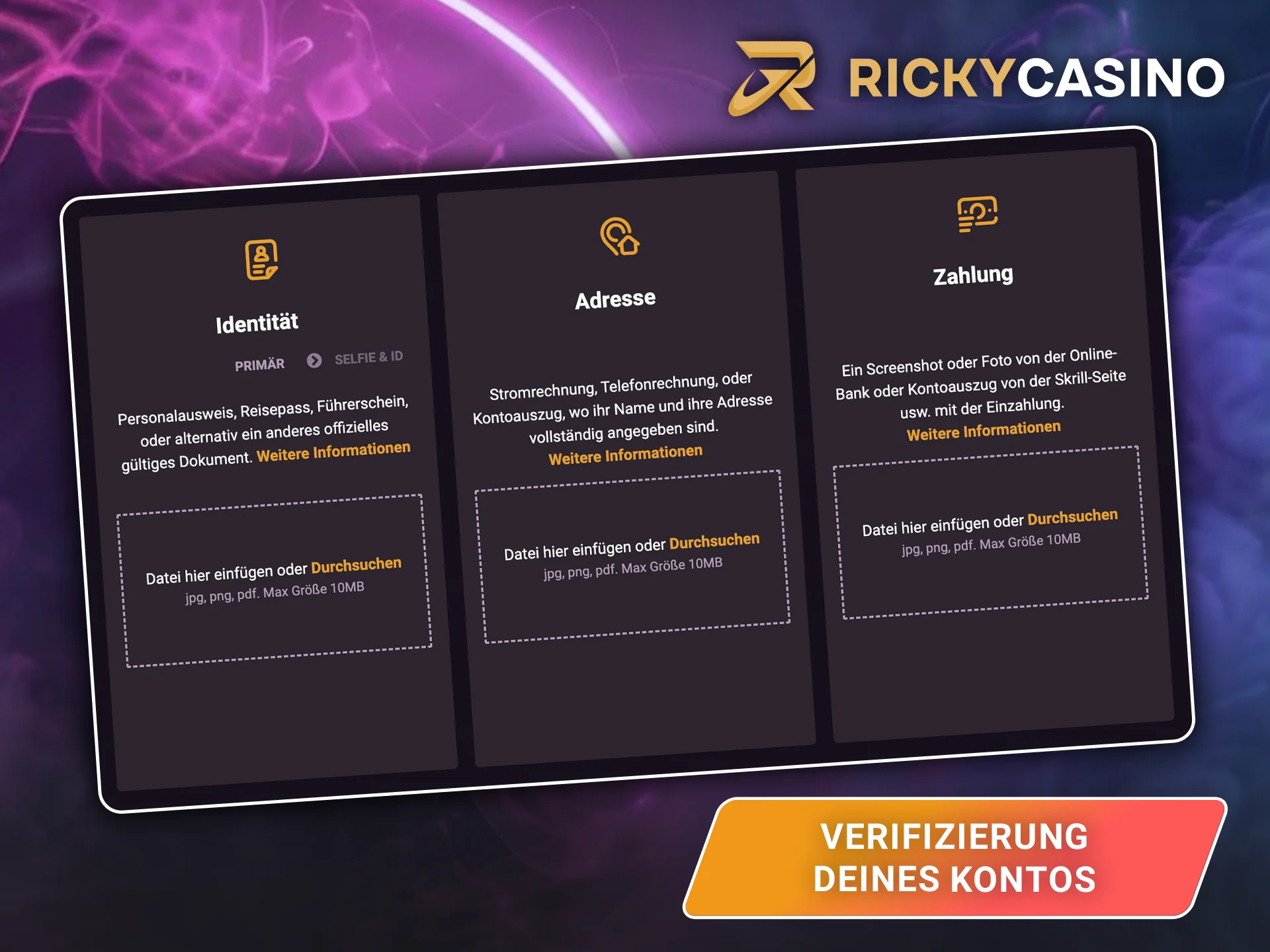 Bitte verifiziere deine Identität, um neue Funktionen auf der Website von Ricky Casino freizuschalten.