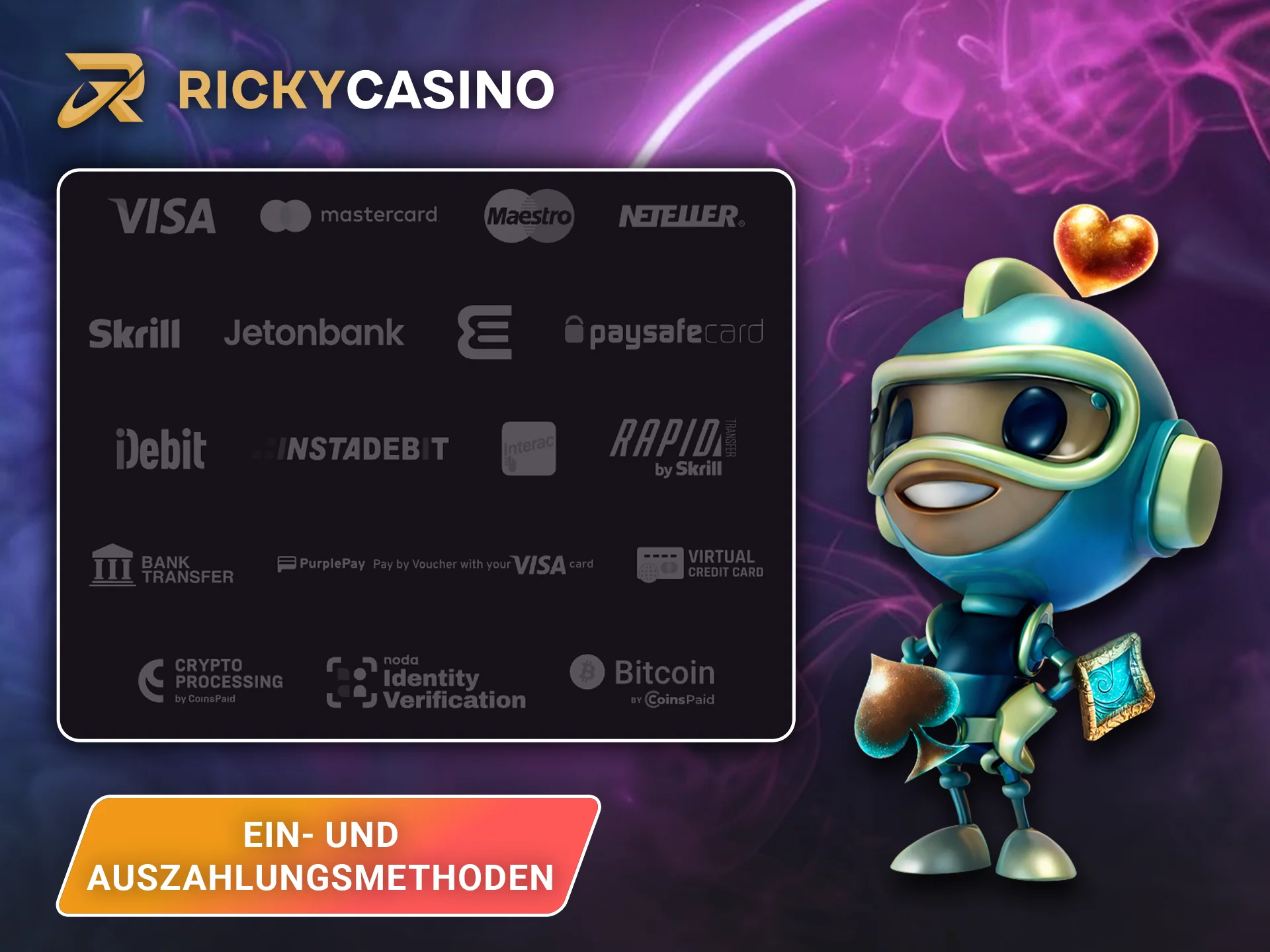 Wählen Sie die für Sie bequemsten Zahlungsmethoden für Ihr Konto im Ricky Casino.