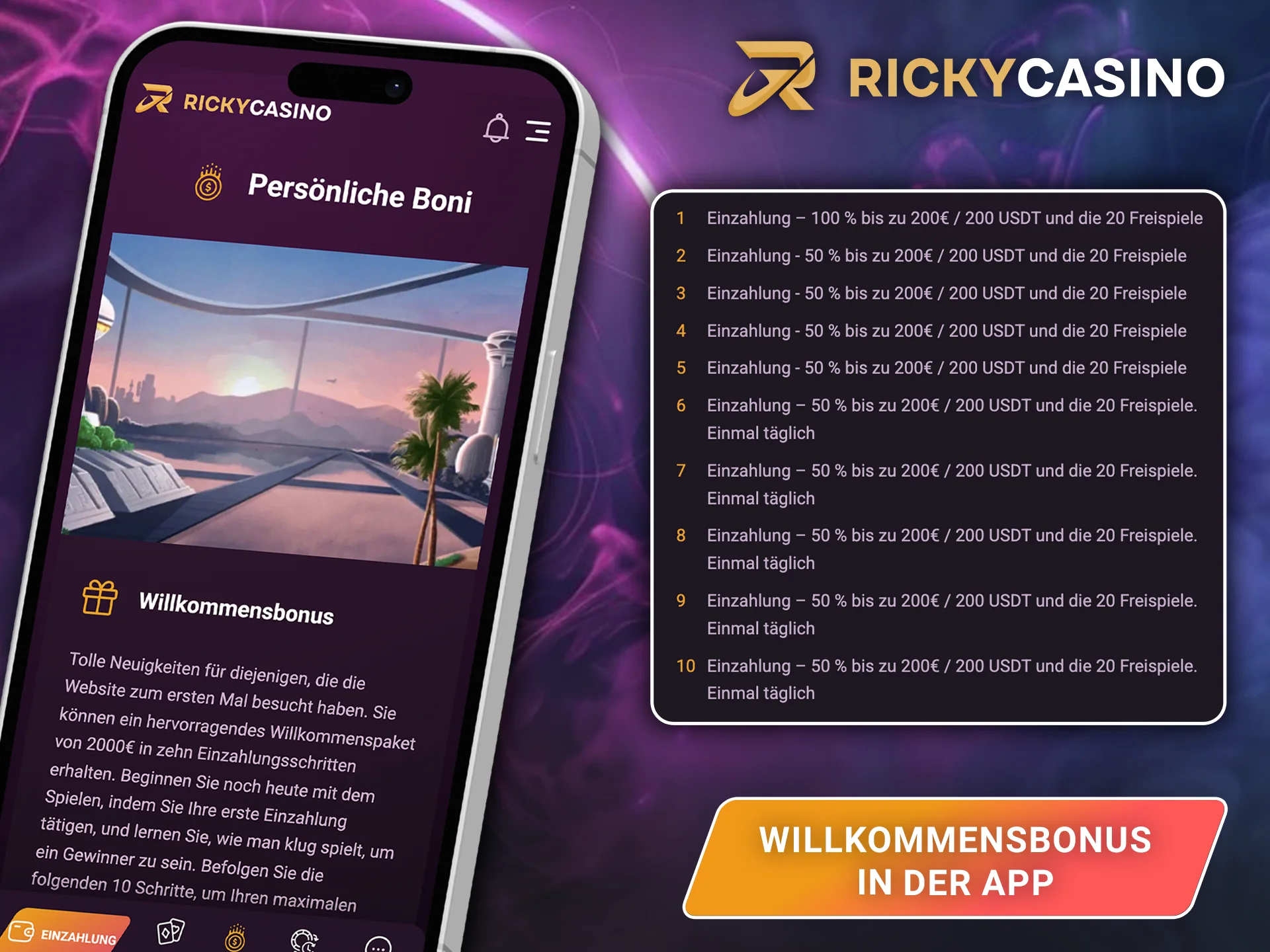 Nutzen Sie die Ricky Casino-App, um Ihren ersten Bonus bei der Kontoeröffnung zu erhalten.