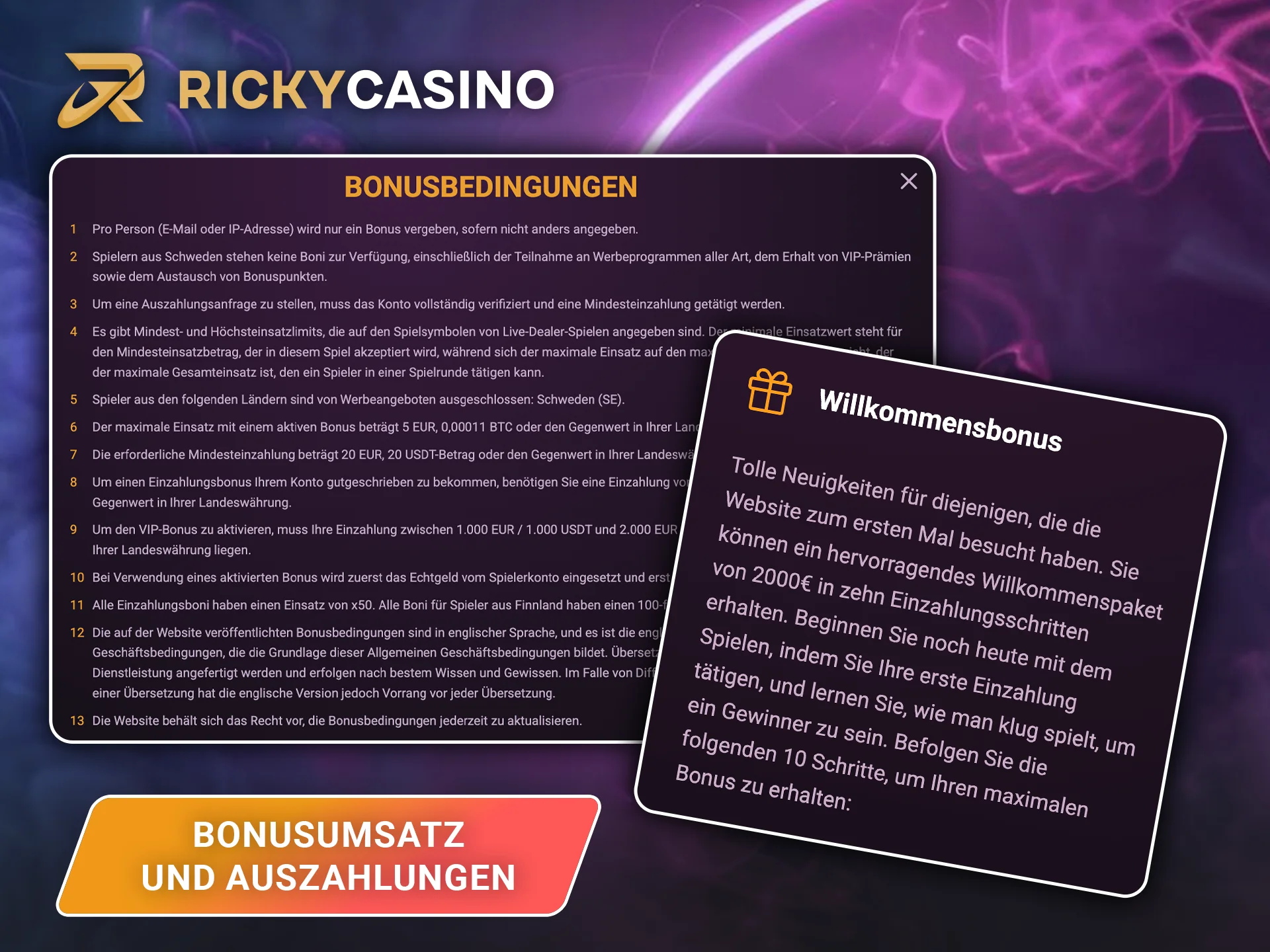 Erfahren Sie mehr über die wichtigsten Merkmale des Willkommensbonus von Ricky Casino.