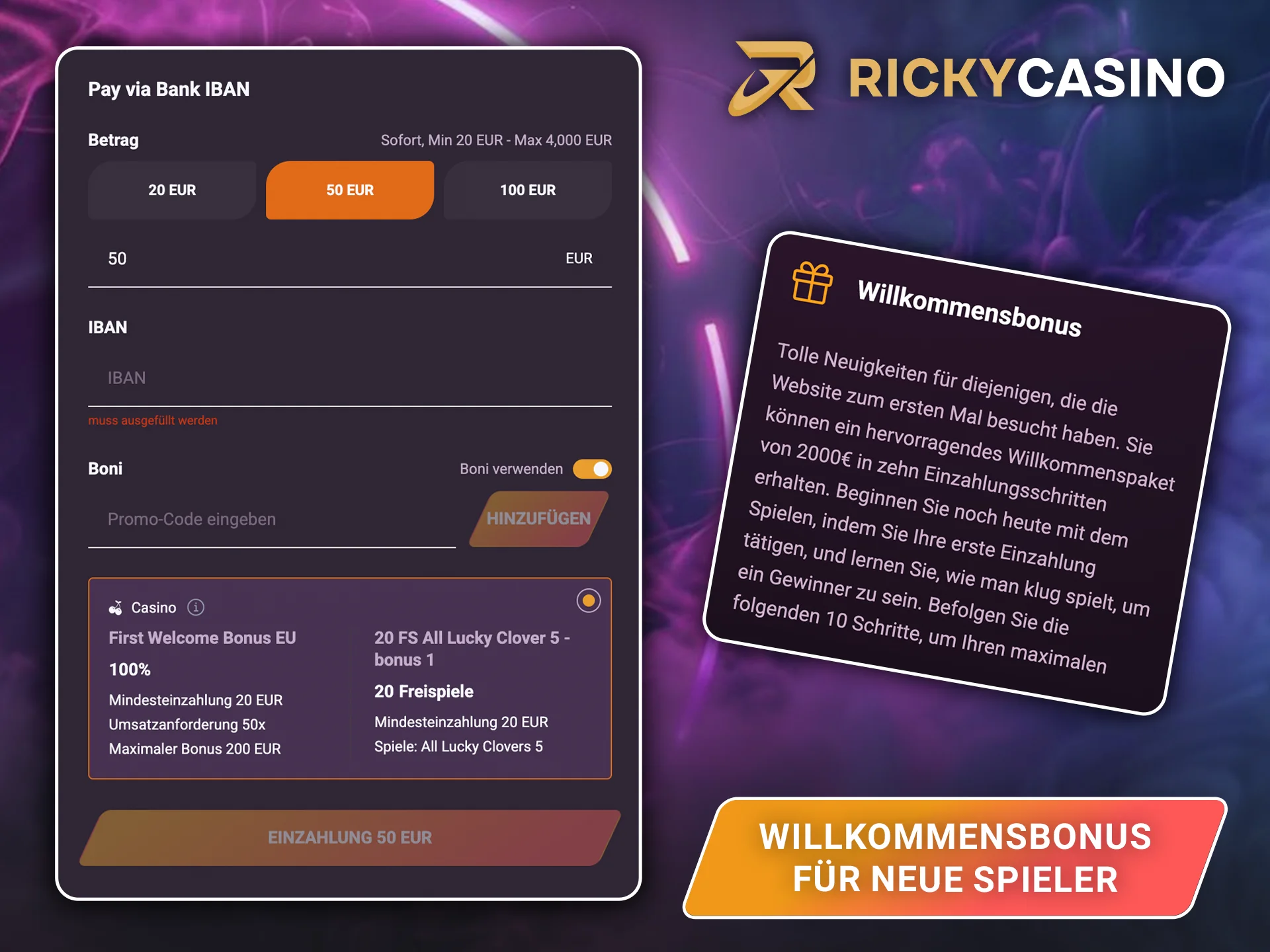 Informieren Sie sich über die Bedingungen für den Erhalt und die Freispielbedingungen des Willkommensbonus von Ricky Casino.